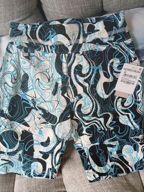 NWT Bike Yoga Shorts Nordstrom BP Blue Black Off White Abstract Swirl sz XS